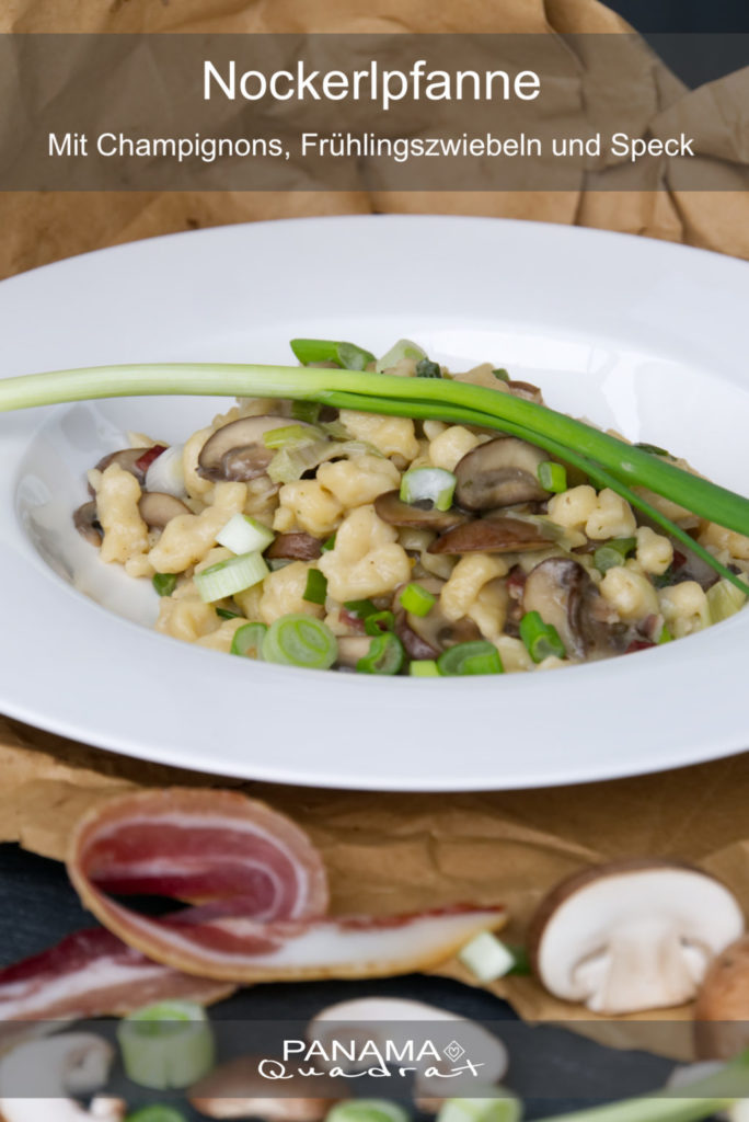 Panama Quadrat: Nockerlpfanne mit Champignons und Frühlingszwiebeln